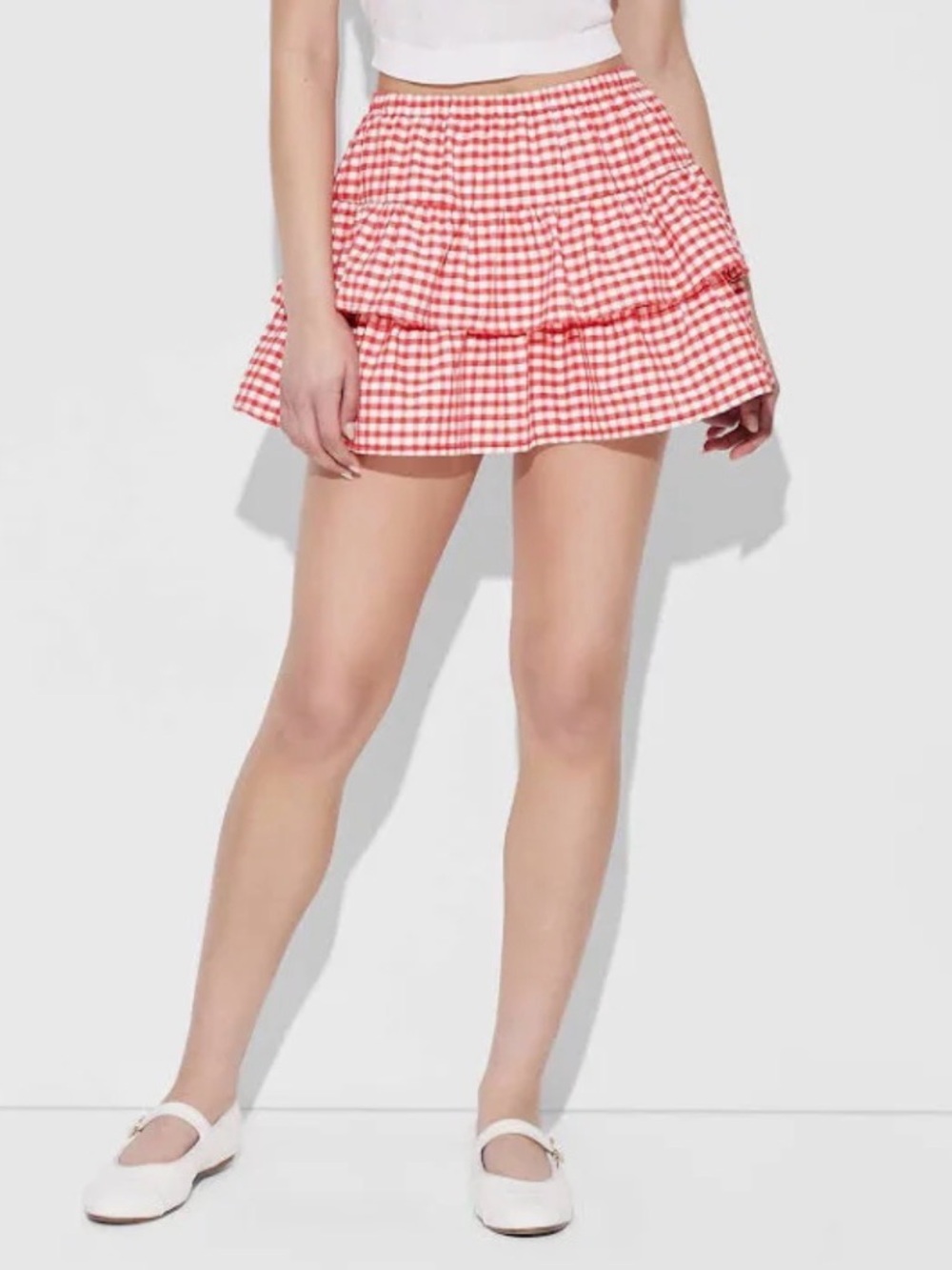 wild fable Red and White Gingham Tiered Mini Skirt - M